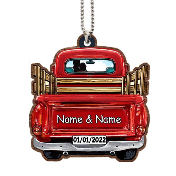 Personalized Couple Red Truck Name&Date Wooden Ornament