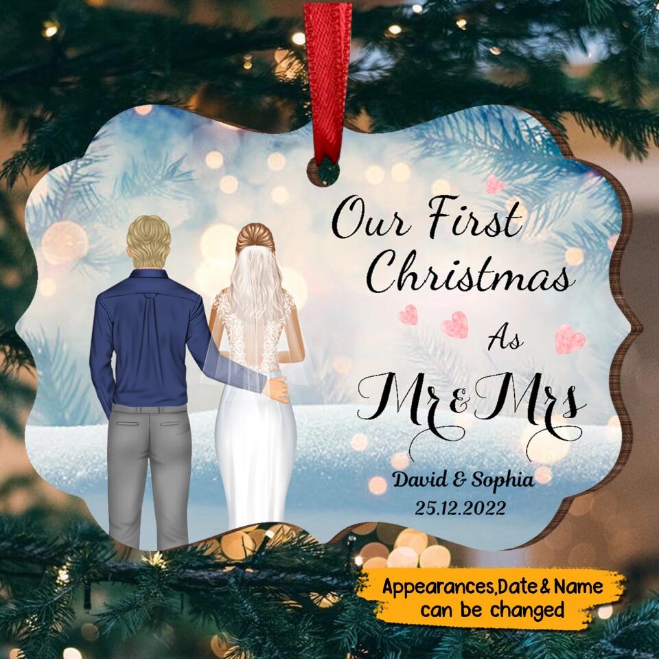 First Christmas As Mr & Mrs - Personalized Wooden Ornament - Christmas Gift For Couples