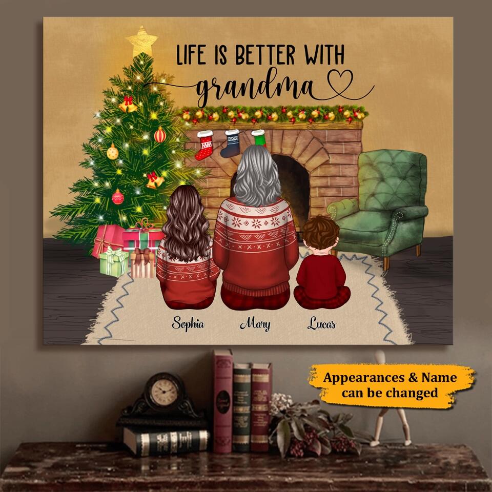 Personalized Family Grandma And Grandkids Back View Christmas Canvas,Gift For Family