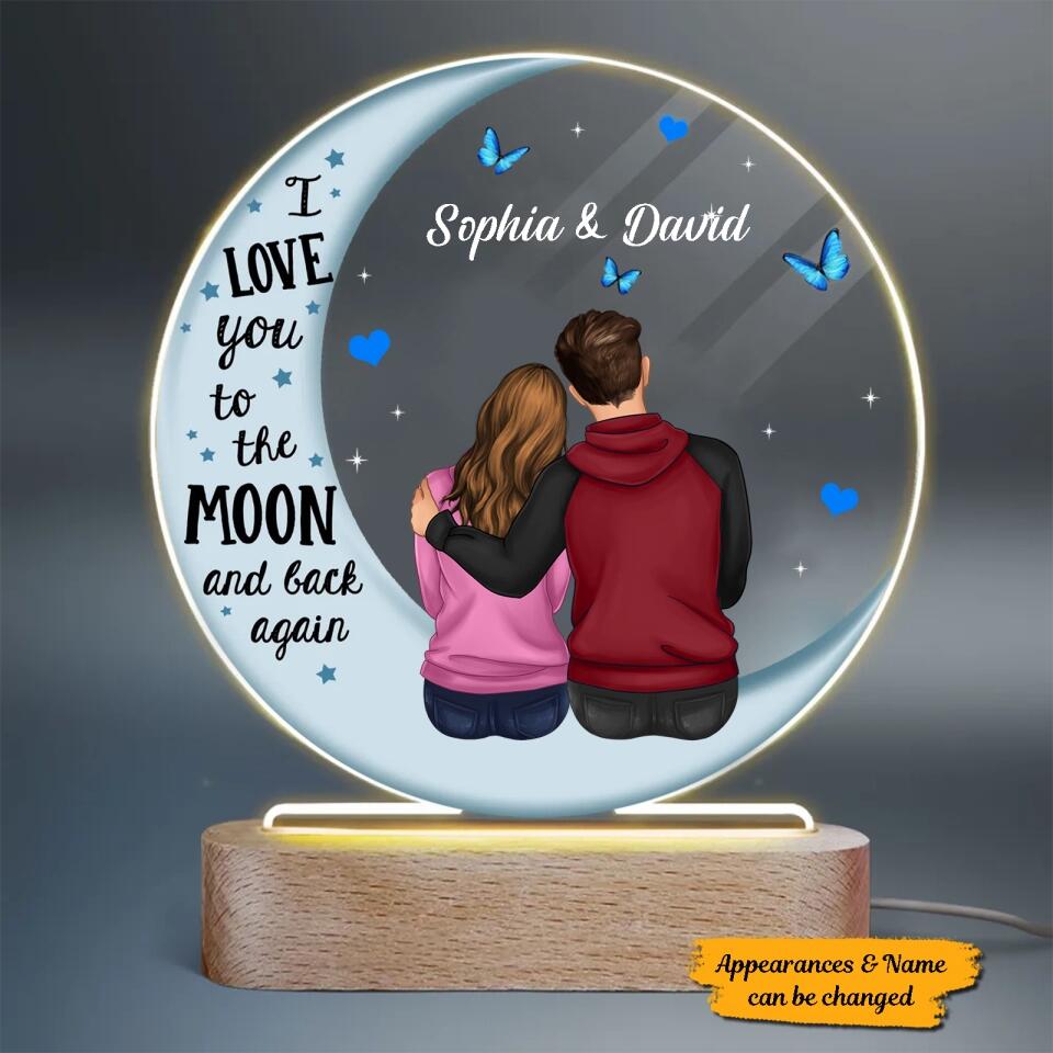 I Love You to The Moon and Back Again - Personalized Couple Plaque LED Night Light - Gift For Couple