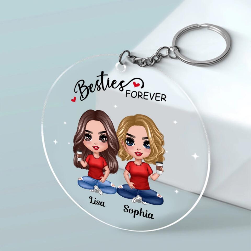 Doll Besties Sitting Always Sisters Besties Forever Personalized Circle Acrylic Keychain