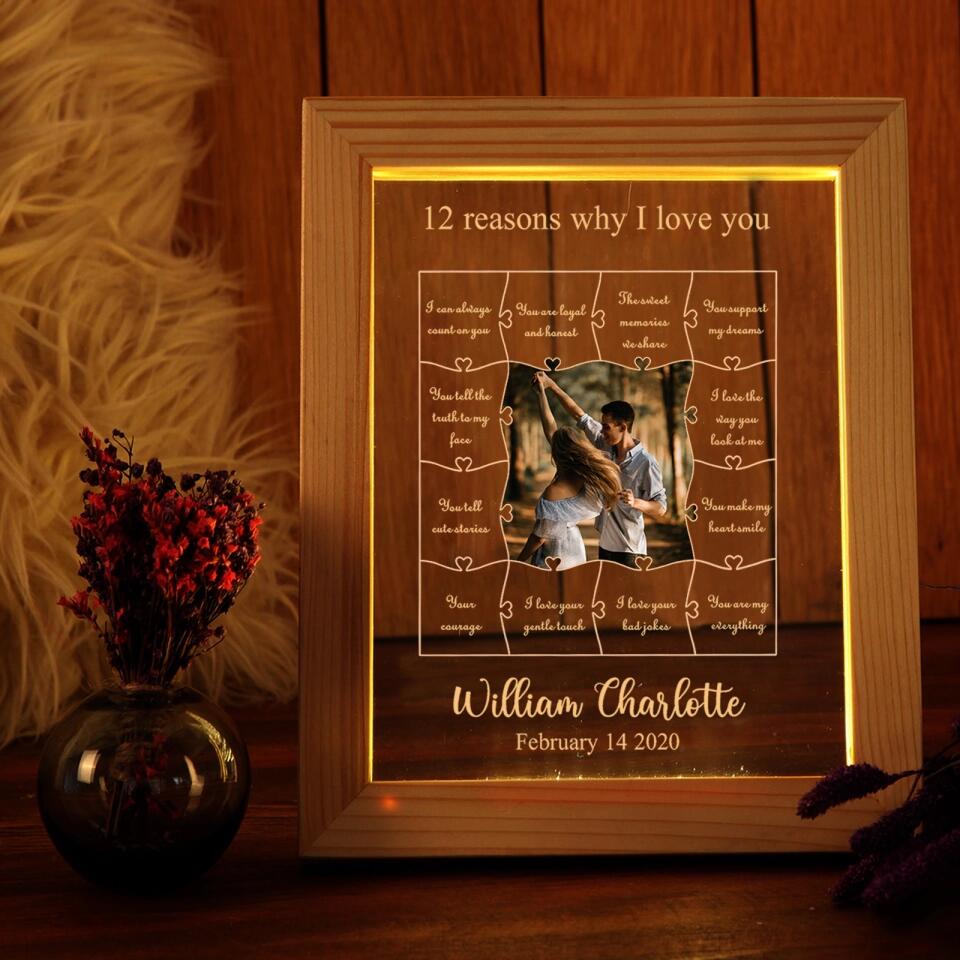 12 Reasons Why I Love You - Personalized Wooden Frame Lamp - Best Gift for Couple