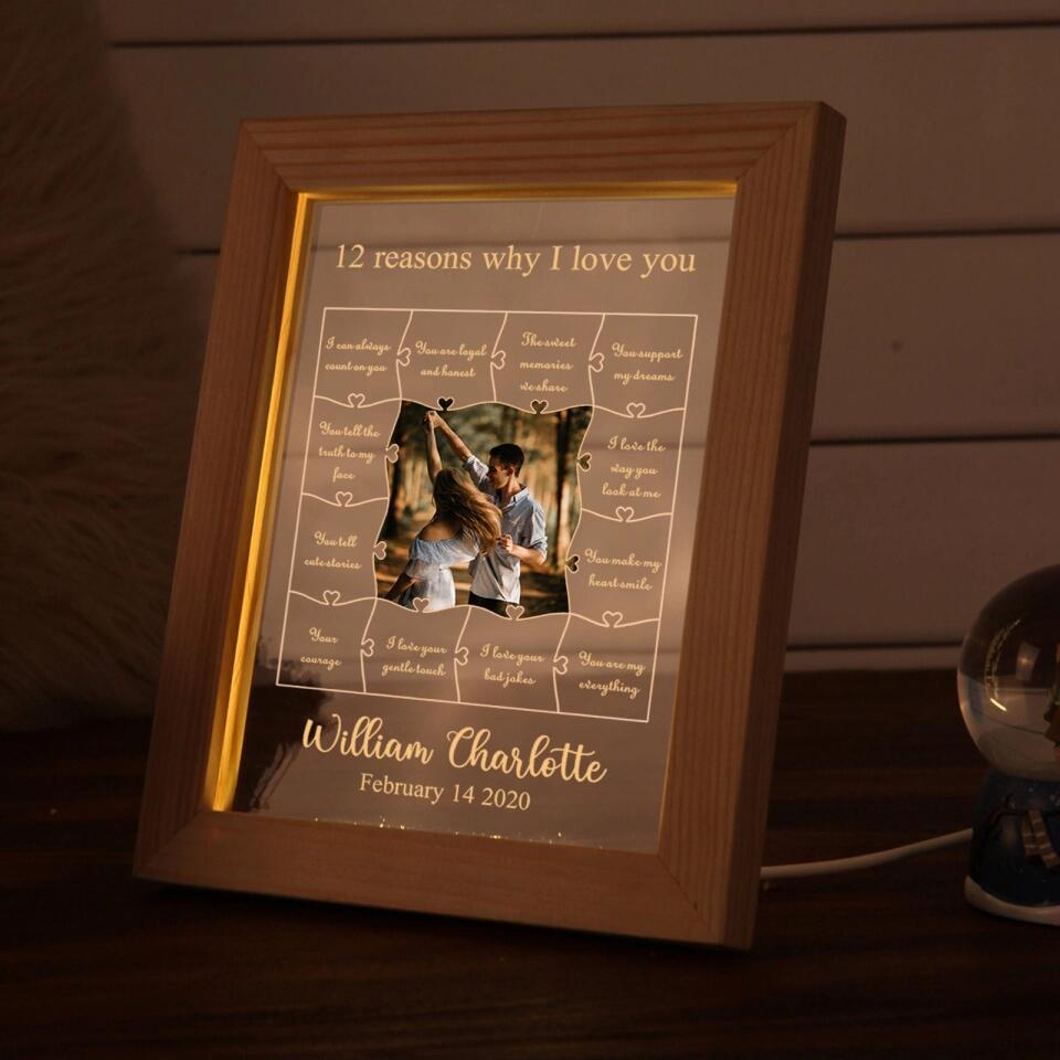 12 Reasons Why I Love You - Personalized Wooden Frame Lamp - Best Gift for Couple