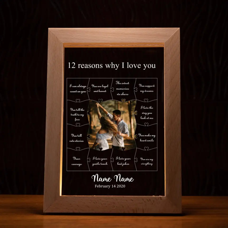 12 Reasons Why I Love You - Personalized Wooden Frame Lamp - Best Gift for Couple