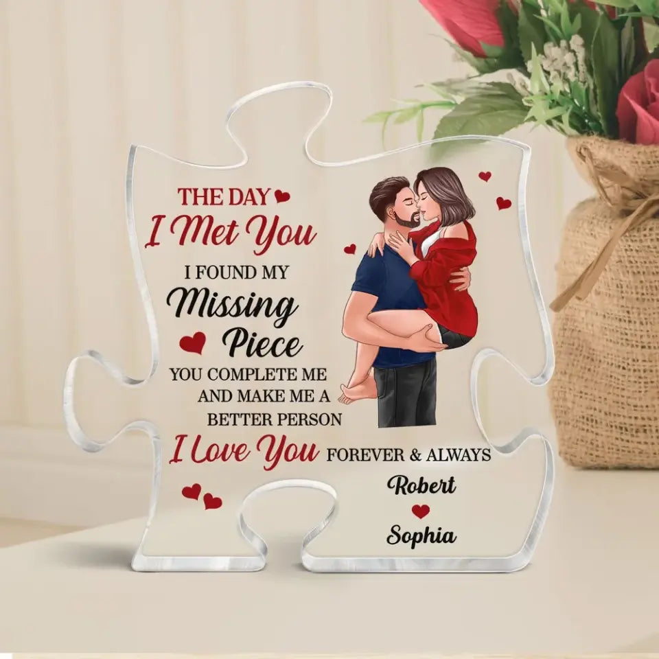 Found My Missing Piece Man Holding Woman Kissing Personalized Puzzle Acrylic Plaque