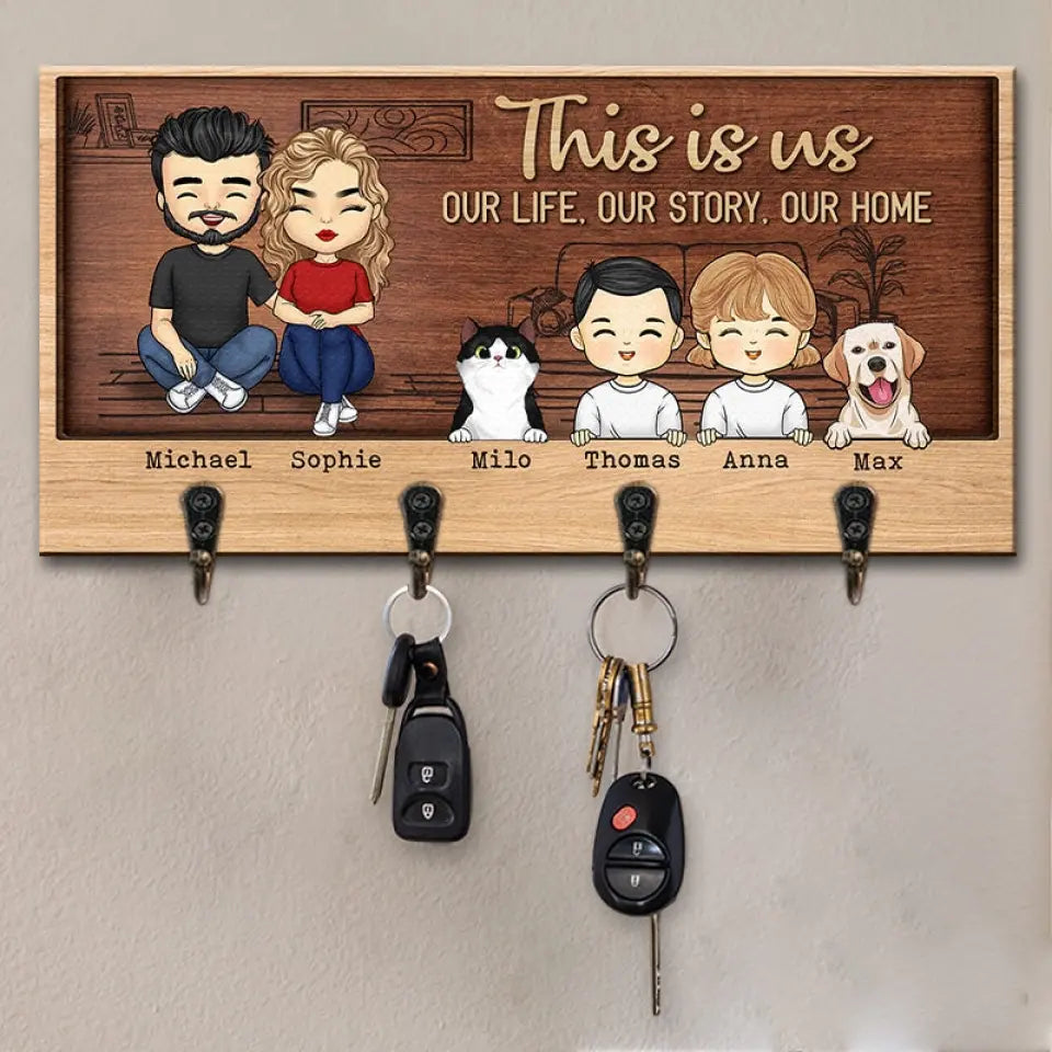 Our Life Our Story Our Home - Family Personalized Custom Key Hanger, Key Holder - Gift For Family Members, Pet Owners, Pet Lovers