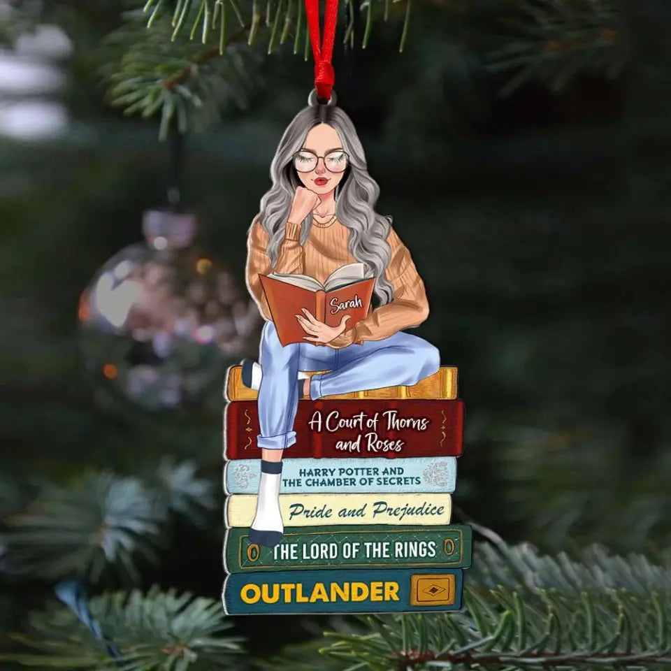 Girl Reading Book - Custom Book Titles, Personalized Acrylic Ornament