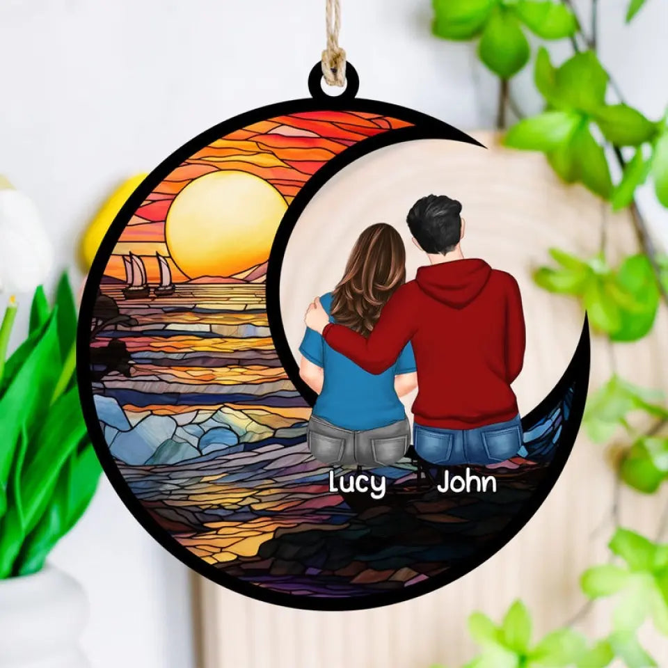 Personalized Christmas Couple Hugging Custom Suncatcher Ornament