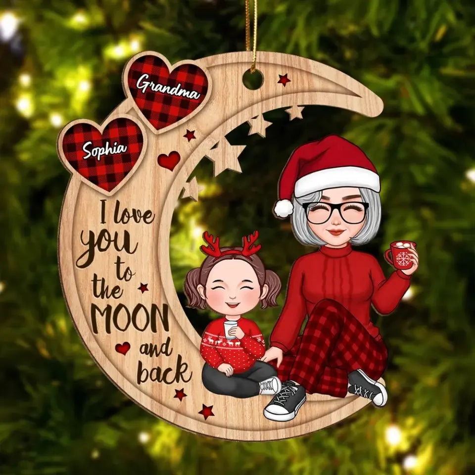 Checkered Pattern Heart Cute Grandma & Grandkid Sitting On Moon Personalized Wooden Ornament