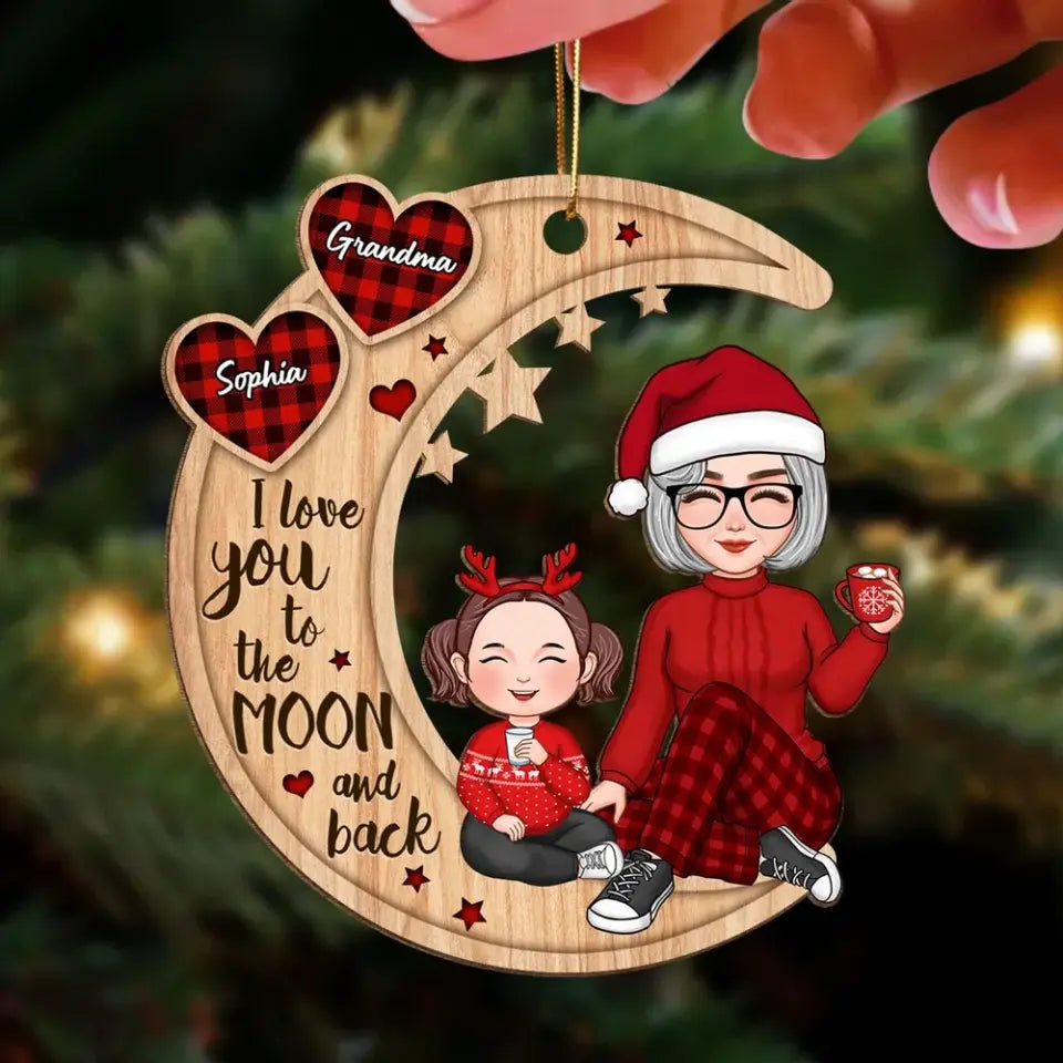 Checkered Pattern Heart Cute Grandma & Grandkid Sitting On Moon Personalized Wooden Ornament