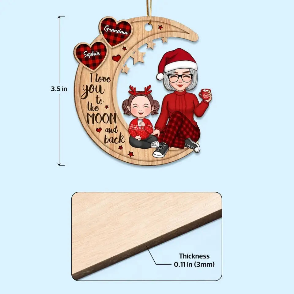 Checkered Pattern Heart Cute Grandma & Grandkid Sitting On Moon Personalized Wooden Ornament