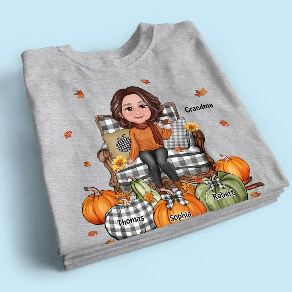 Grandma Sitting On Chair Pumpkins Personalized Shirt