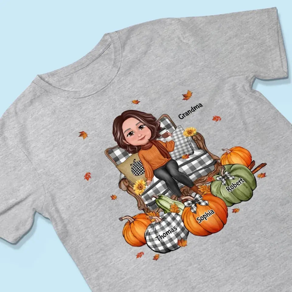 Grandma Sitting On Chair Pumpkins Personalized Shirt