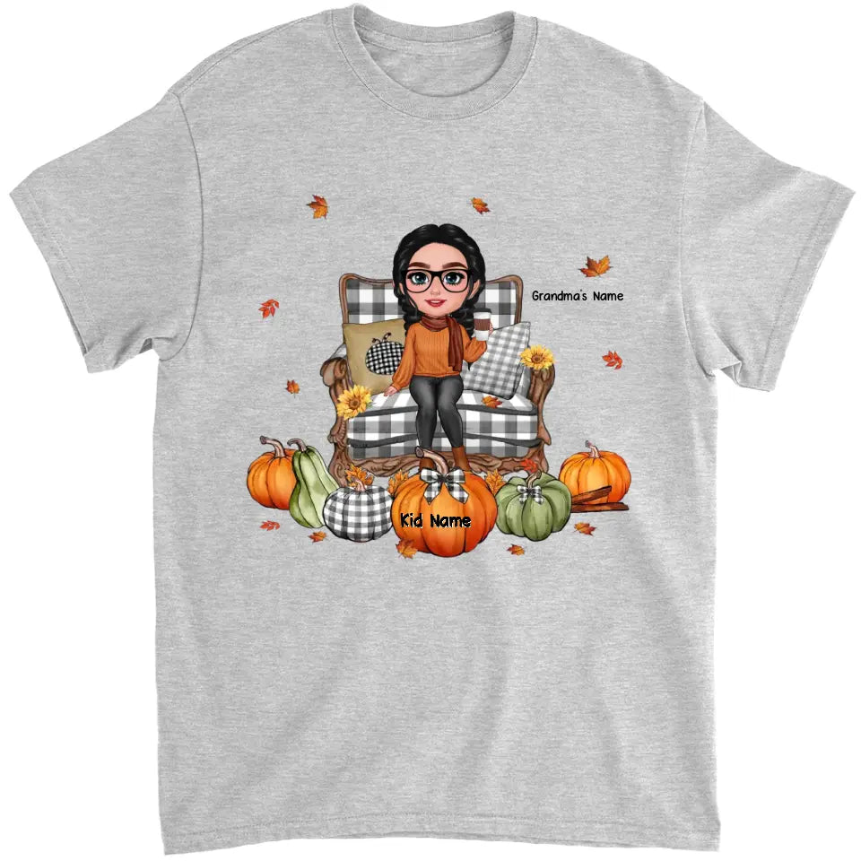 Grandma Sitting On Chair Pumpkins Personalized Shirt