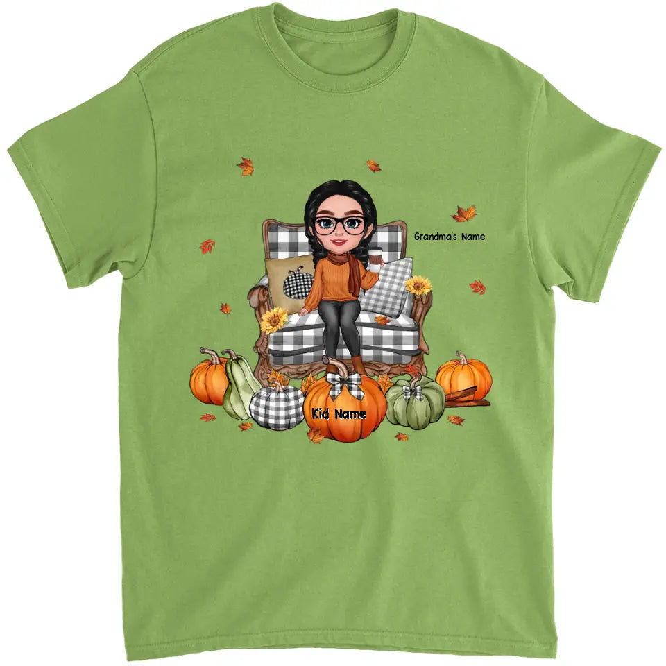 Grandma Sitting On Chair Pumpkins Personalized Shirt