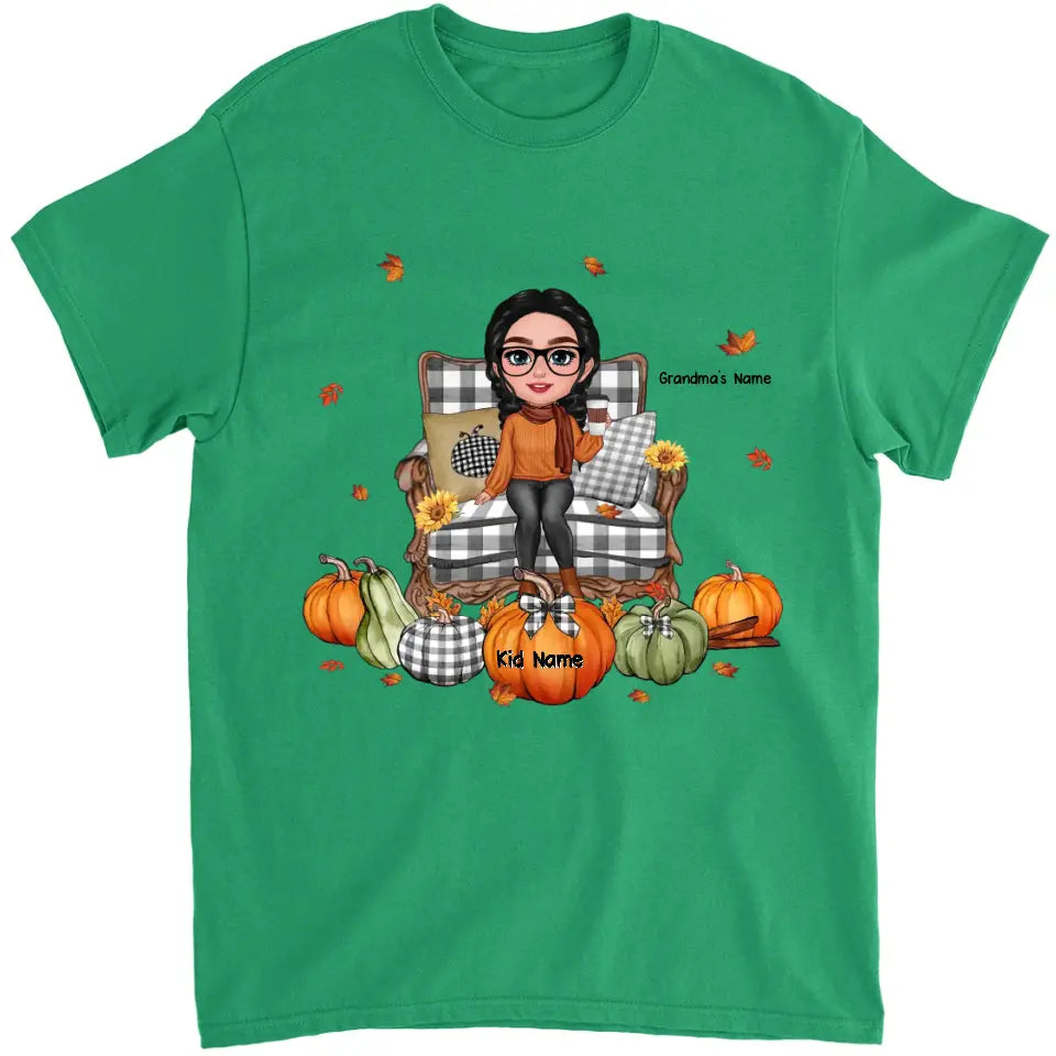 Grandma Sitting On Chair Pumpkins Personalized Shirt