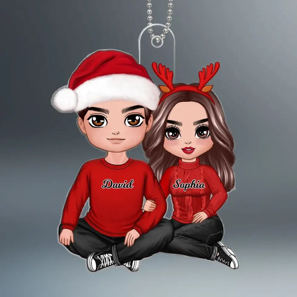 Christmas Doll Couple Sitting Hugging Personalized Acrylic Ornament