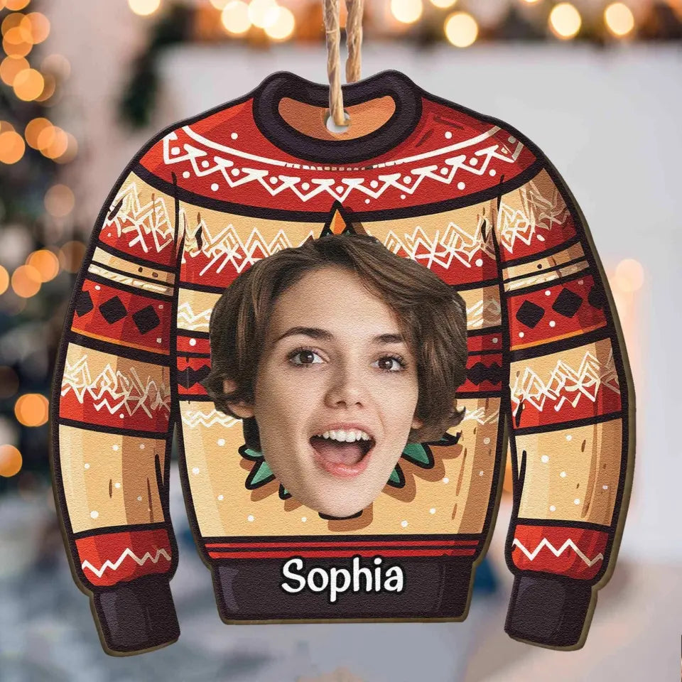 Funny Family Ugly Sweater - Personalized Wooden Photo Ornament