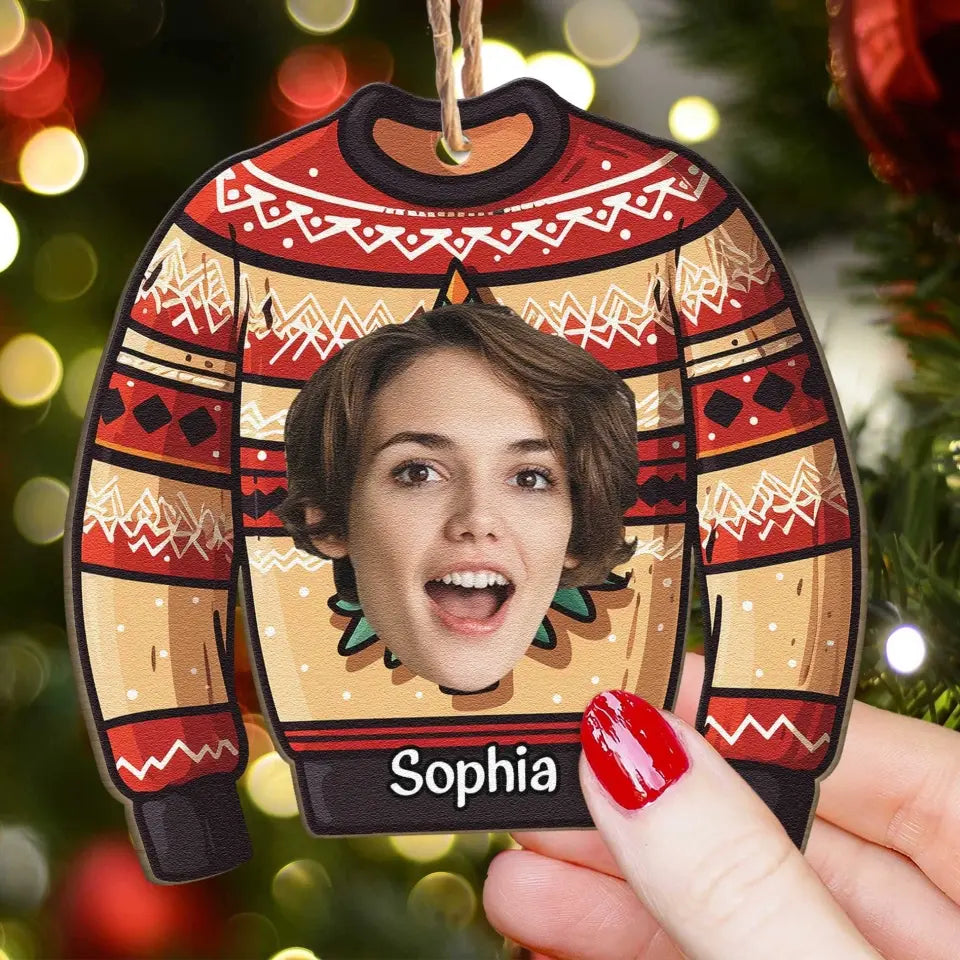 Funny Family Ugly Sweater - Personalized Wooden Photo Ornament