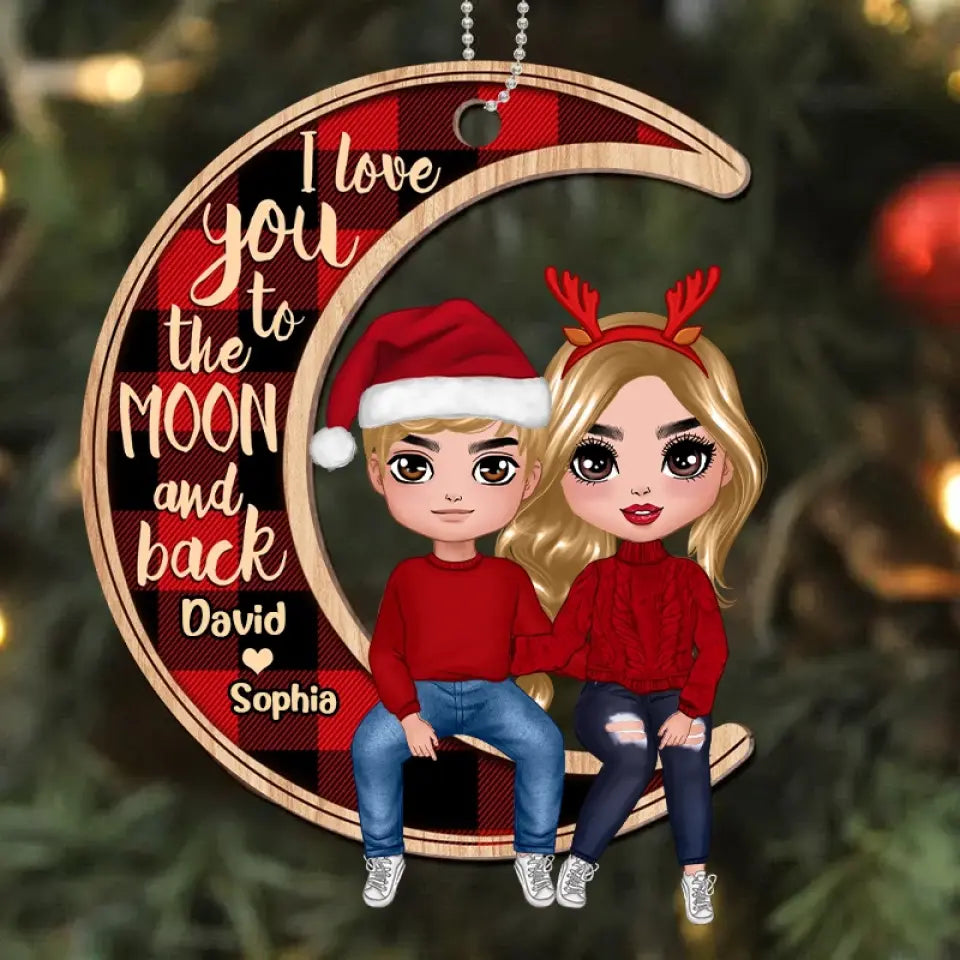 Couple Sitting On Moon Christmas Personalized Wooden Ornament