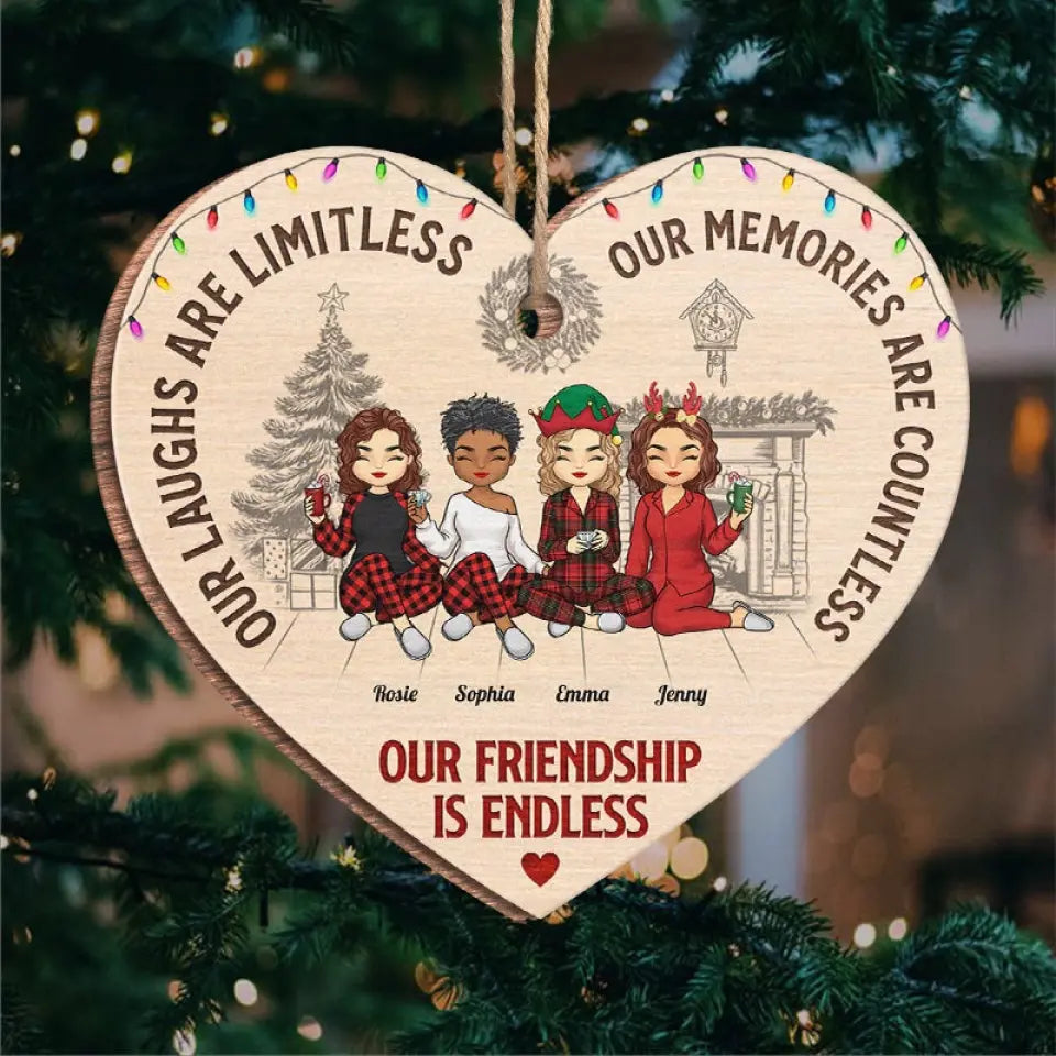 Our Laughs Are Limitless - Bestie Personalized Custom Ornament - Wood Heart Shaped - Christmas Gift For Best Friends, BFF, Sisters