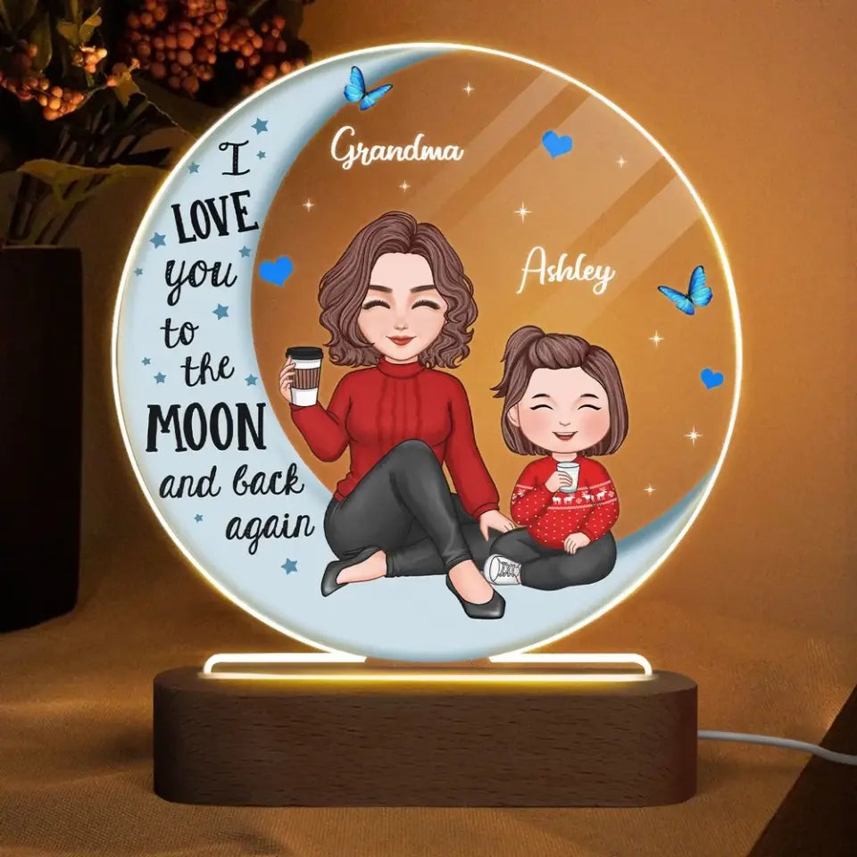 Cute Grandma Grandkids On Moon Personalized Circle Acrylic Plaque LED Night Light