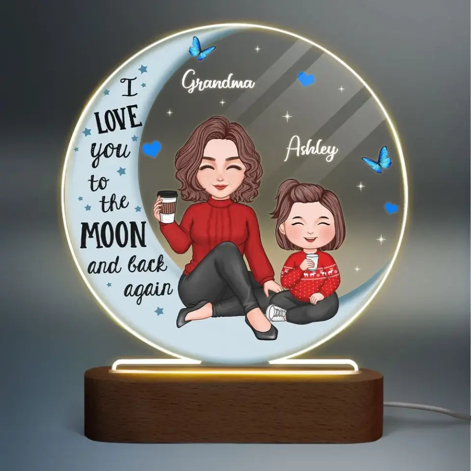 Cute Grandma Grandkids On Moon Personalized Circle Acrylic Plaque LED Night Light