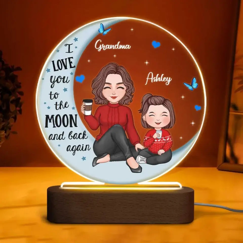 Cute Grandma Grandkids On Moon Personalized Circle Acrylic Plaque LED Night Light