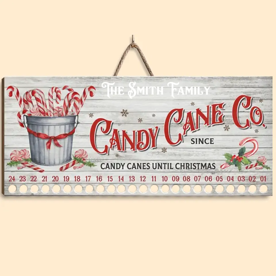 Candy Canes Until Christmas - Family Personalized Custom Candy Christmas Countdown Wooden Sign, Advent Calendar - Christmas Gift For Family Members