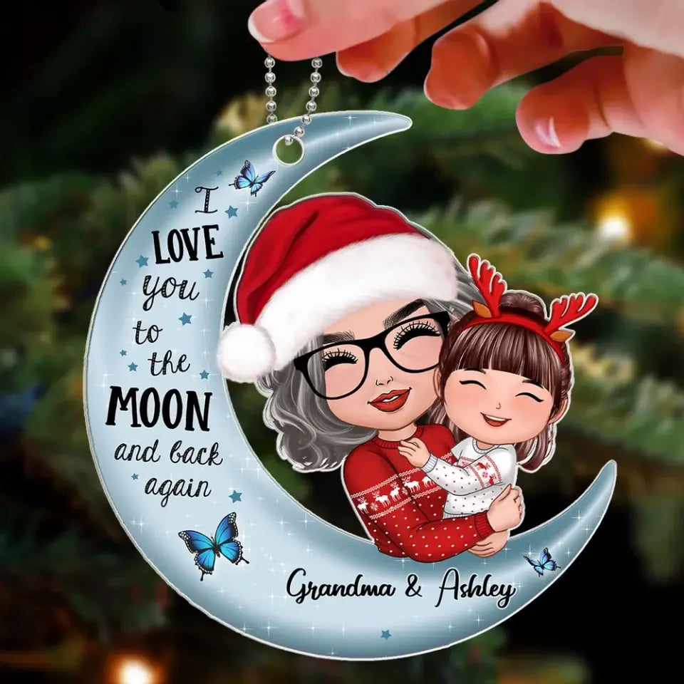 Christmas Doll Grandma & Kid Hugging On Moon Christmas Gift Personalized Acrylic Ornament