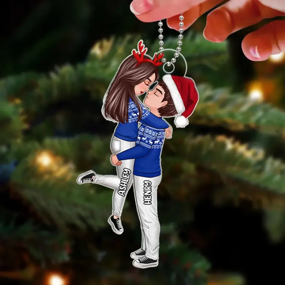 Winter Christmas Couple Kissing Hugging Personalized Acrylic Ornament