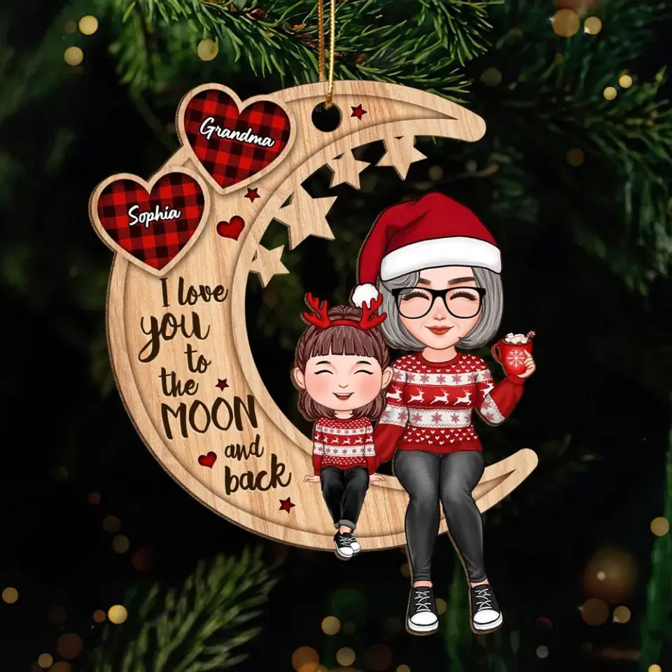 Cute Grandma & Grandkid Checkered Pattern Heart Love To The Moon Gift For Granddaughter Grandson Personalized Wooden Ornament