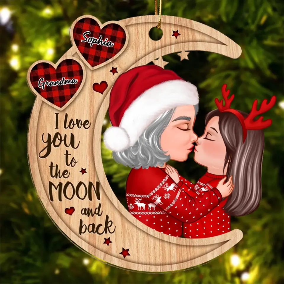 Cute Grandma & Grandkid Checkered Pattern Heart Love To The Moon Gift For Granddaughter Grandson Personalized Wooden Ornament