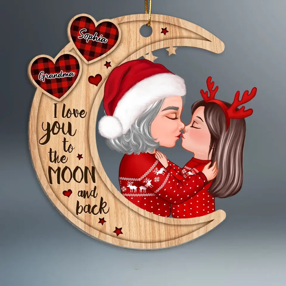 Cute Grandma & Grandkid Checkered Pattern Heart Love To The Moon Gift For Granddaughter Grandson Personalized Wooden Ornament