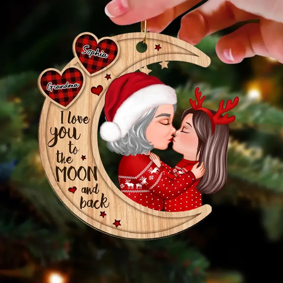 Cute Grandma & Grandkid Checkered Pattern Heart Love To The Moon Gift For Granddaughter Grandson Personalized Wooden Ornament