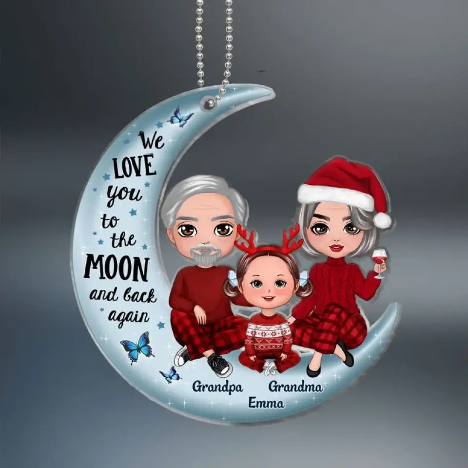 Grandpa Grandma Grandparents & Kid On Moon Christmas Gift Personalized Acrylic Ornament