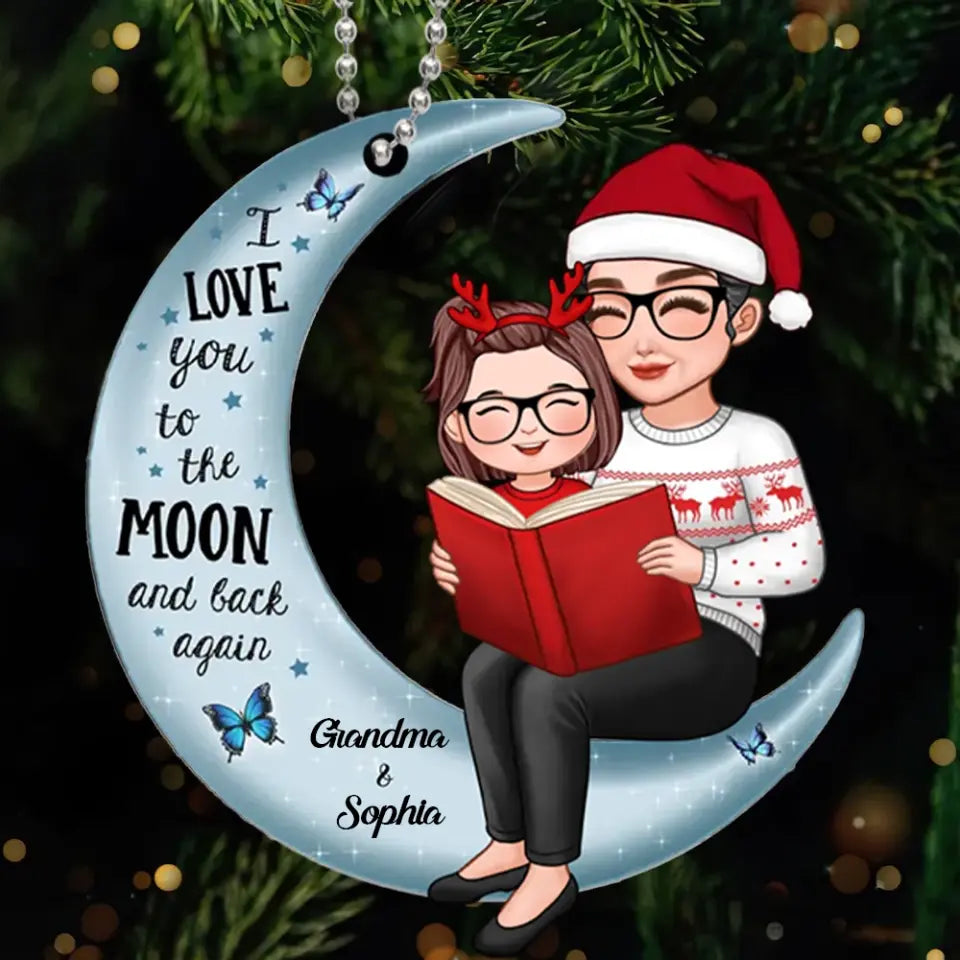 Grandma and Baby Reading on the Moon Personalized Acrylic Ornament - Family Christmas Gift