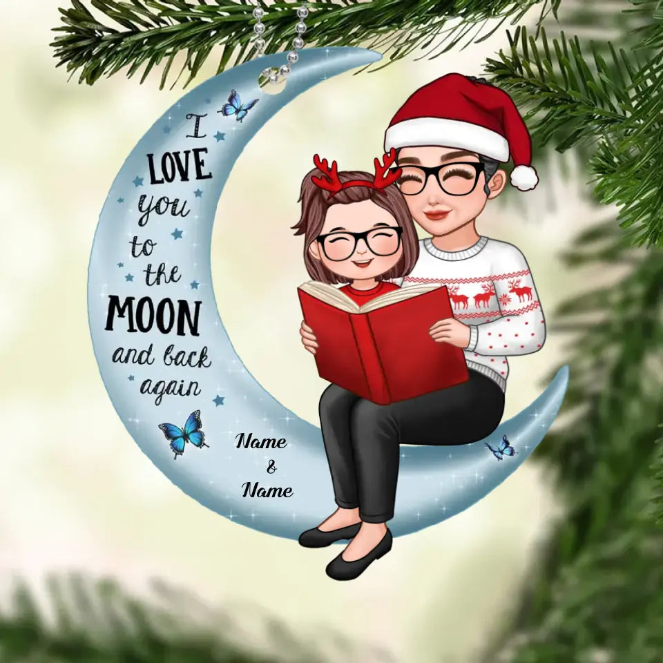 Grandma and Baby Reading on the Moon Personalized Acrylic Ornament - Family Christmas Gift