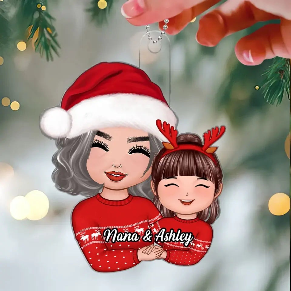 Doll Grandma Grandkid Hugging Holding Hands Christmas Gift For Granddaughter Grandson Personalized Acrylic Ornament