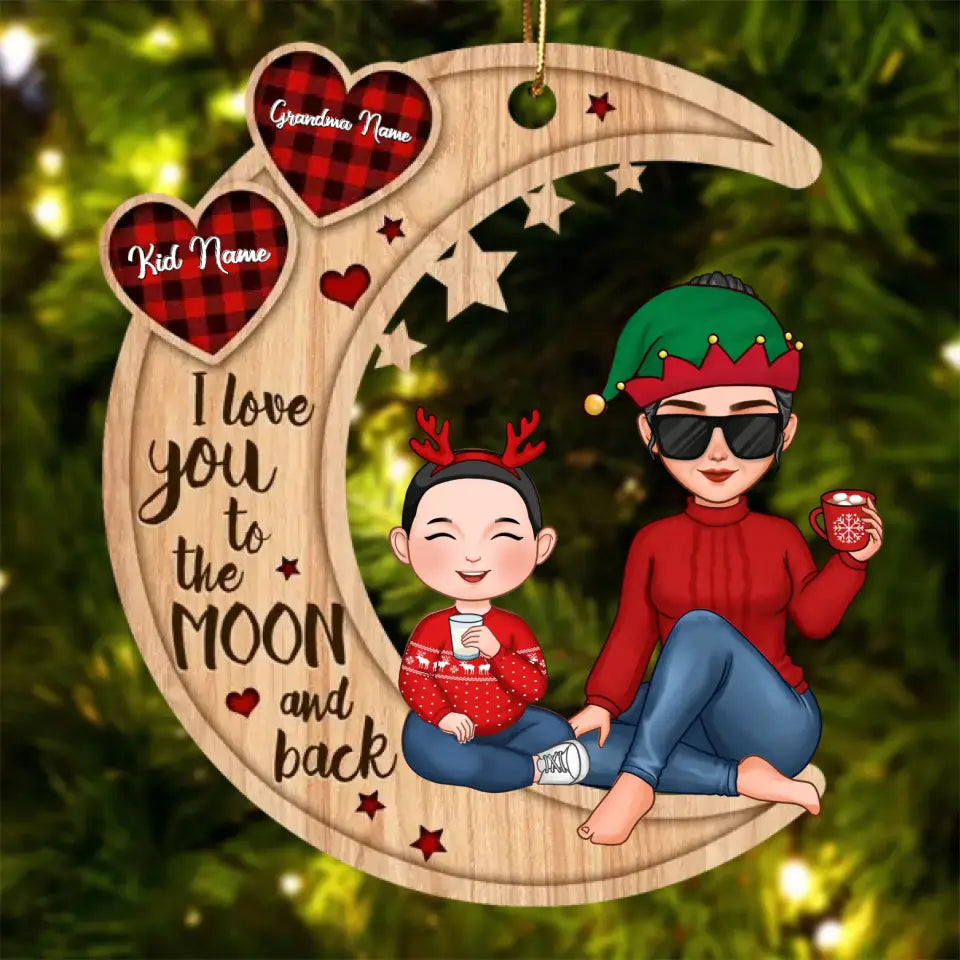 Checkered Pattern Heart Cute Grandma & Grandkid Sitting On Moon Personalized Wooden Ornament