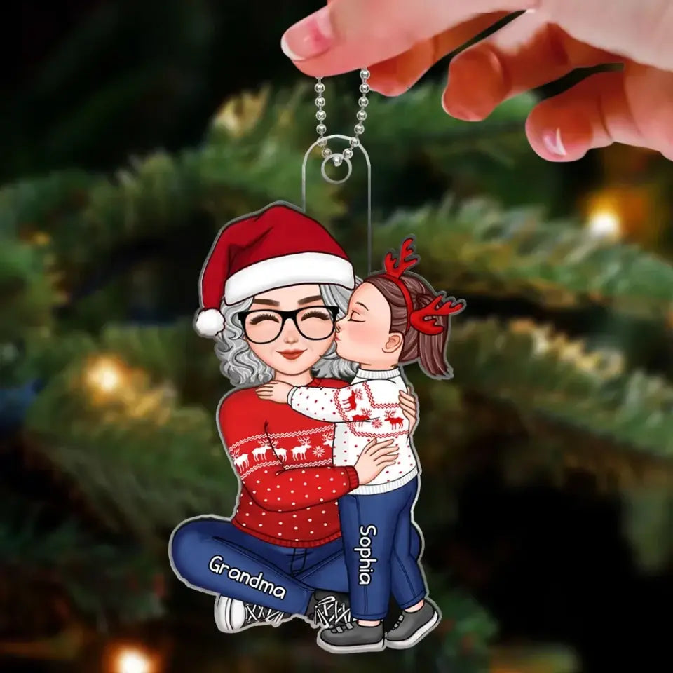 Cute Grandkid Kissing Grandma Christmas Gift For Granddaughter Grandson Personalized Acrylic Ornament