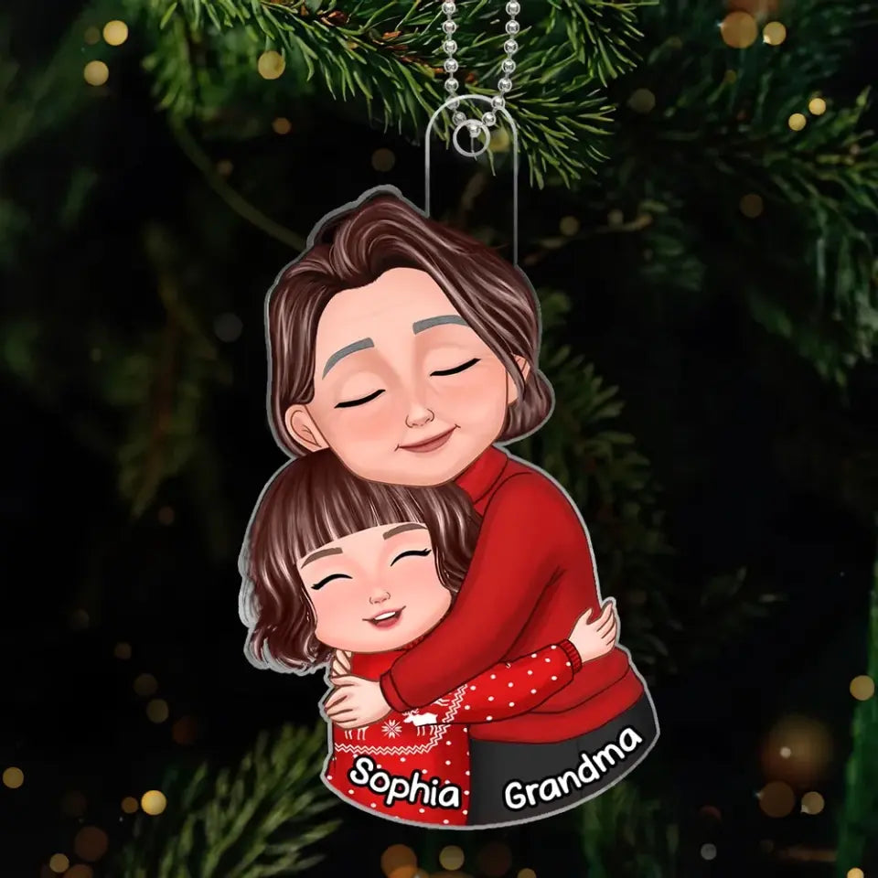 Christmas New Face Grandma & Grandkid Hugging Eyes Closed Personalized Acrylic Ornament