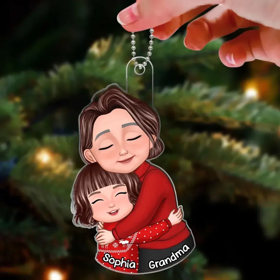 Christmas New Face Grandma & Grandkid Hugging Eyes Closed Personalized Acrylic Ornament