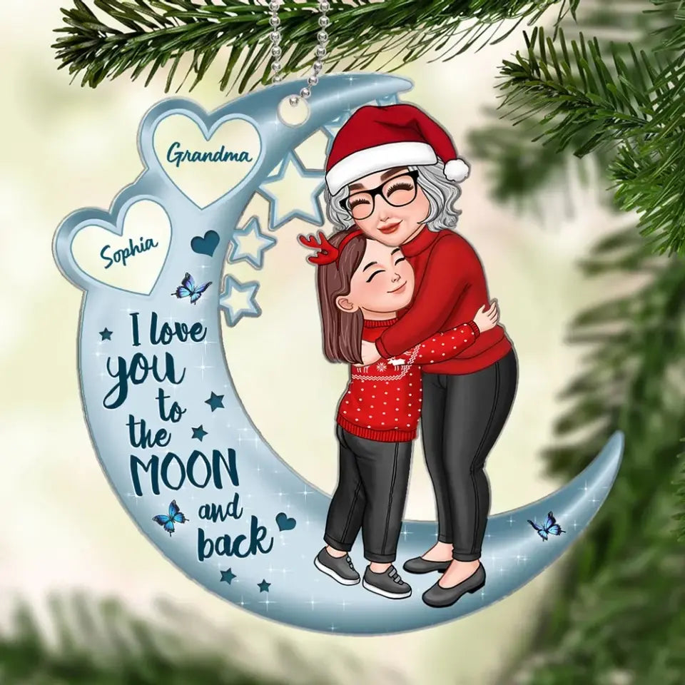 Grandma Hugging Grandson Granddaughter On Moon Hearts Personalized Acrylic Ornament