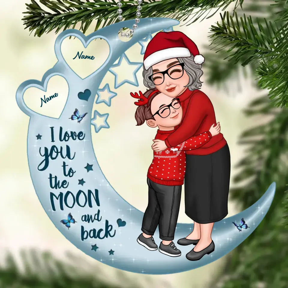 Grandma Hugging Grandson Granddaughter On Moon Hearts Personalized Acrylic Ornament