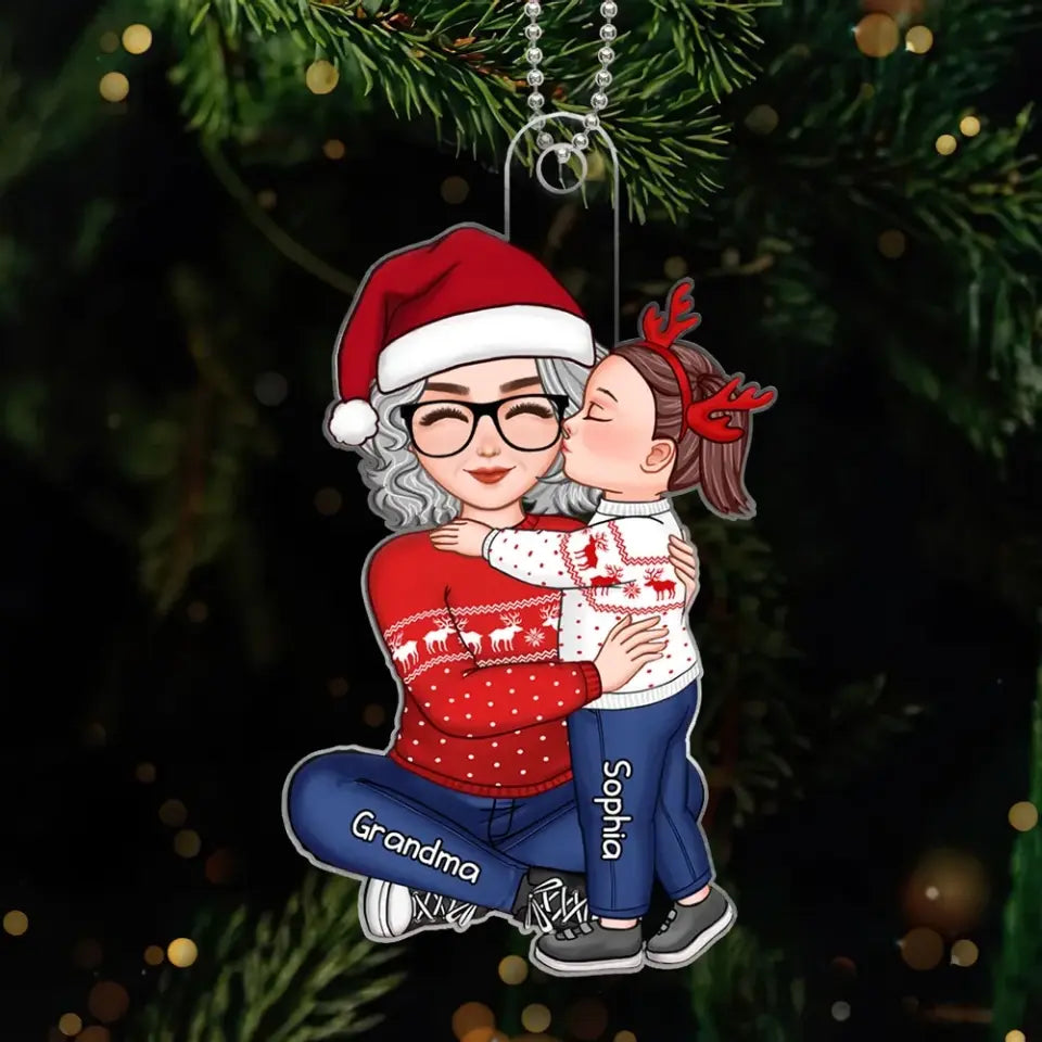 Cute Grandkid Kissing Grandma Christmas Gift For Granddaughter Grandson Personalized Acrylic Ornament