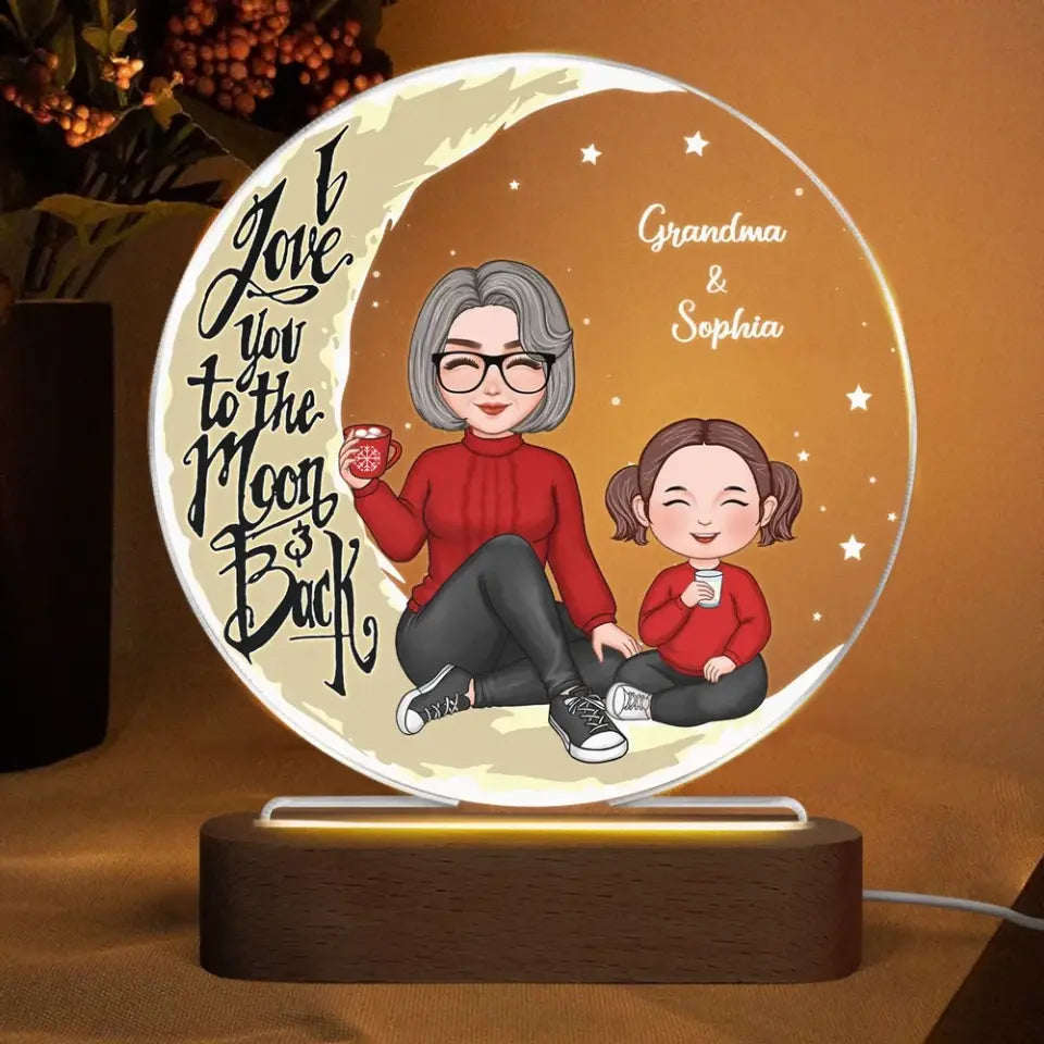 Grandma Grandkid Sitting Love You To The Moon And Back Gift For Granddaughter Grandson Personalized Acrylic Plaque Circle LED Night Light