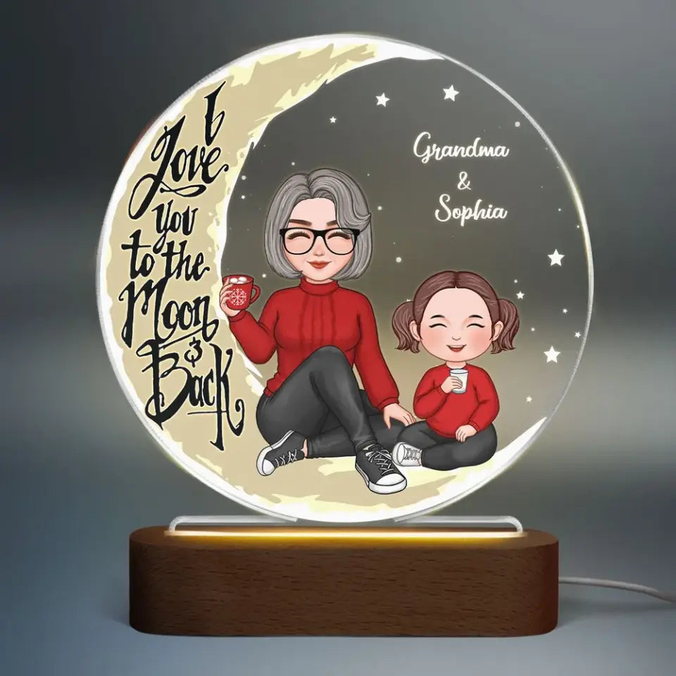 Grandma Grandkid Sitting Love You To The Moon And Back Gift For Granddaughter Grandson Personalized Acrylic Plaque Circle LED Night Light