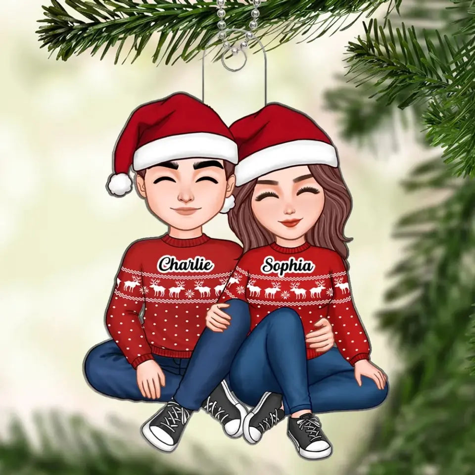 Christmas Cute Couple Sitting Hugging Personalized Acrylic Ornament