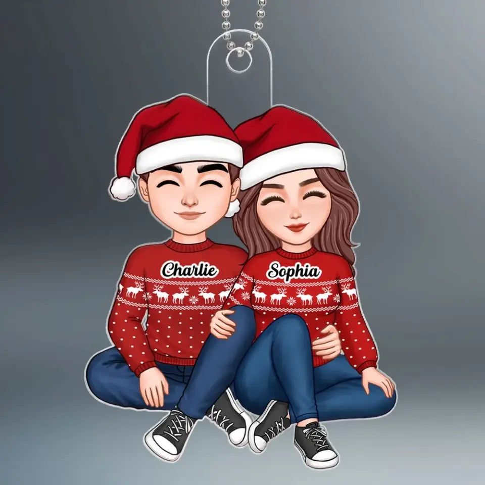 Christmas Cute Couple Sitting Hugging Personalized Acrylic Ornament